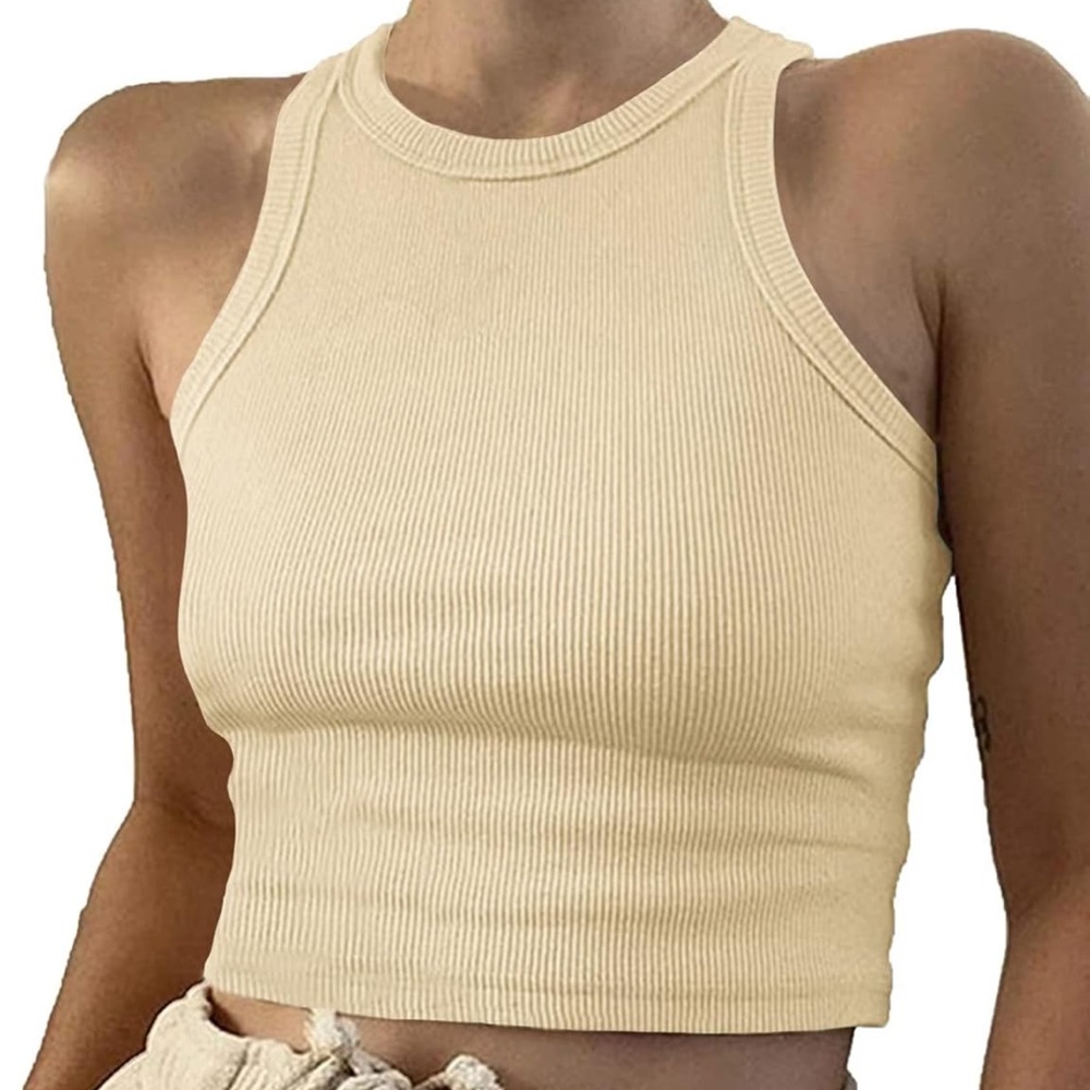 Amazon Sleeveless High Neck Rib-Knit Crop Tank Top